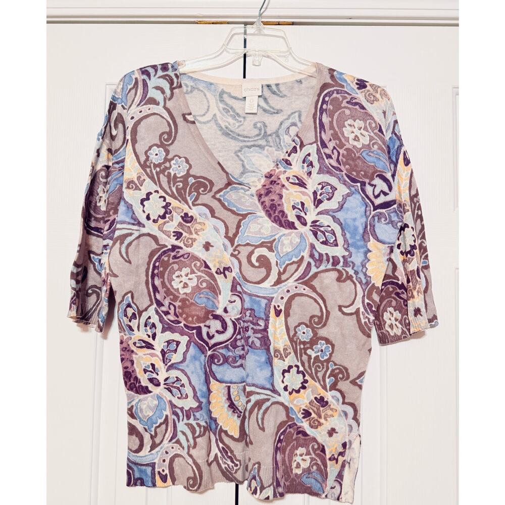 Chico's V-Neck Printed Elbow Sleeve Sweater, Size 0